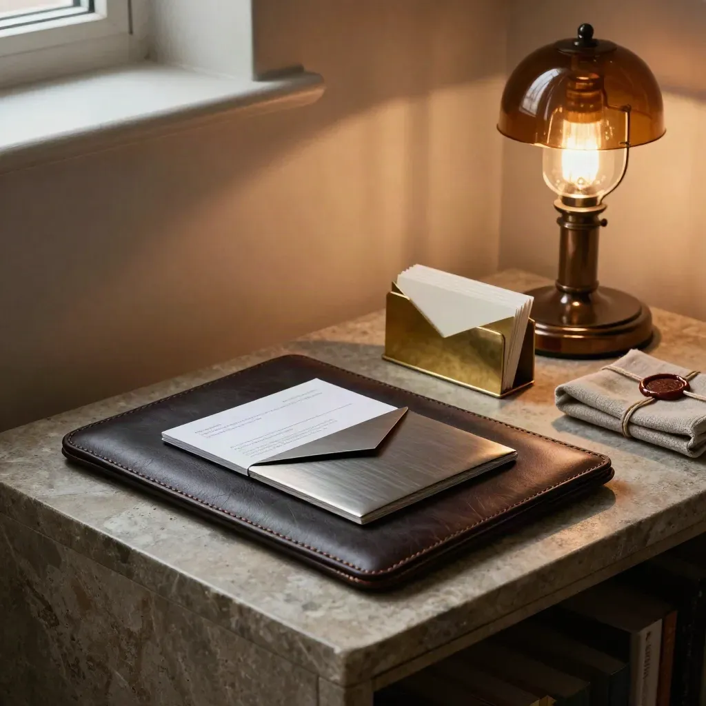 Frilanskit på stenbänk med laptopfodral, kortställ och varm bordslampa i mjukt ljus.