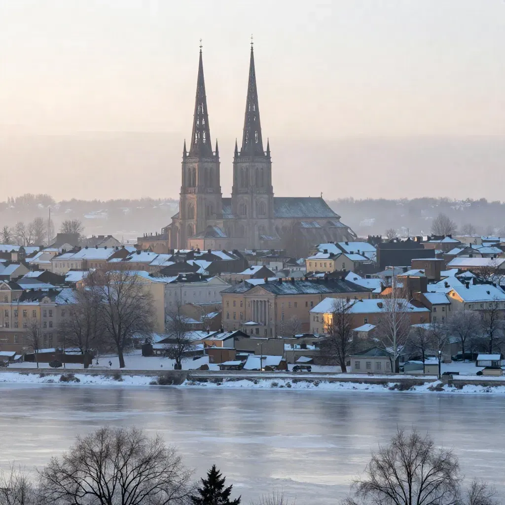 Uppsala domkyrkas spiror över dimmig vinterstad och frusna fält